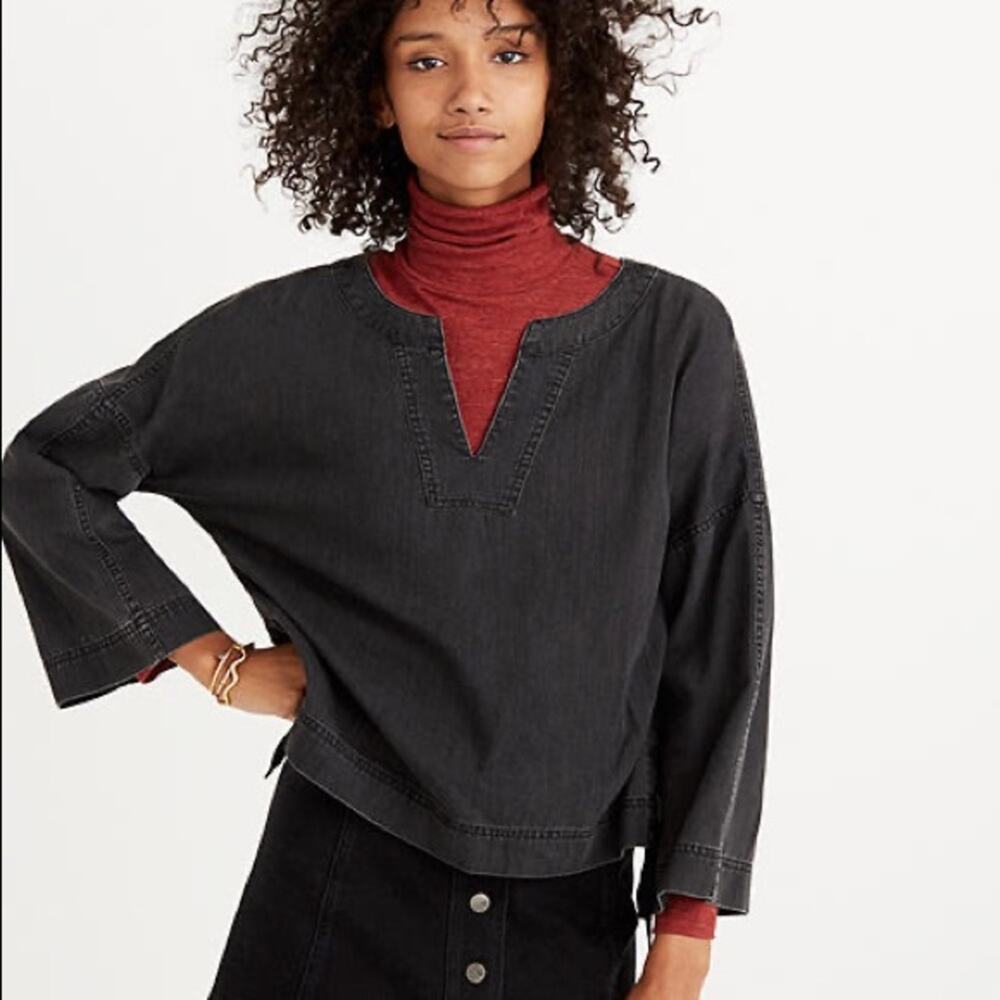Madewell Sloan Black Wash Denim Side Lace Up V-neck Top Size XS